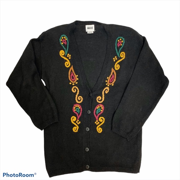 VINTAGE LESLIE Fay Black Grandmacore Embroidered Cardigan S - Picture 1 of 13